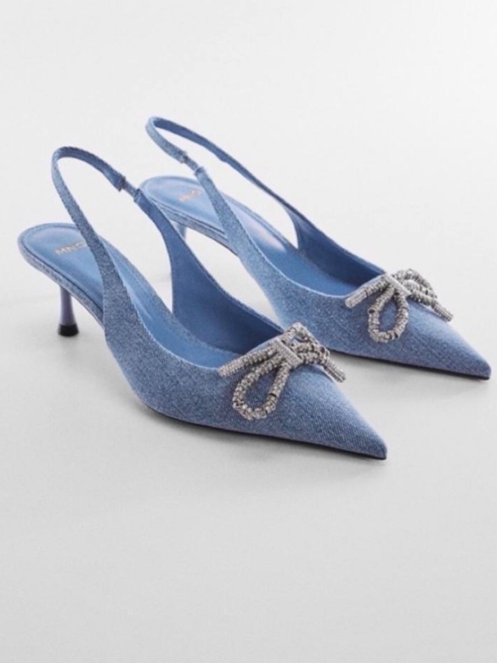 Mango Denim Pointed Slingback Heels with Crystal Bow Accent